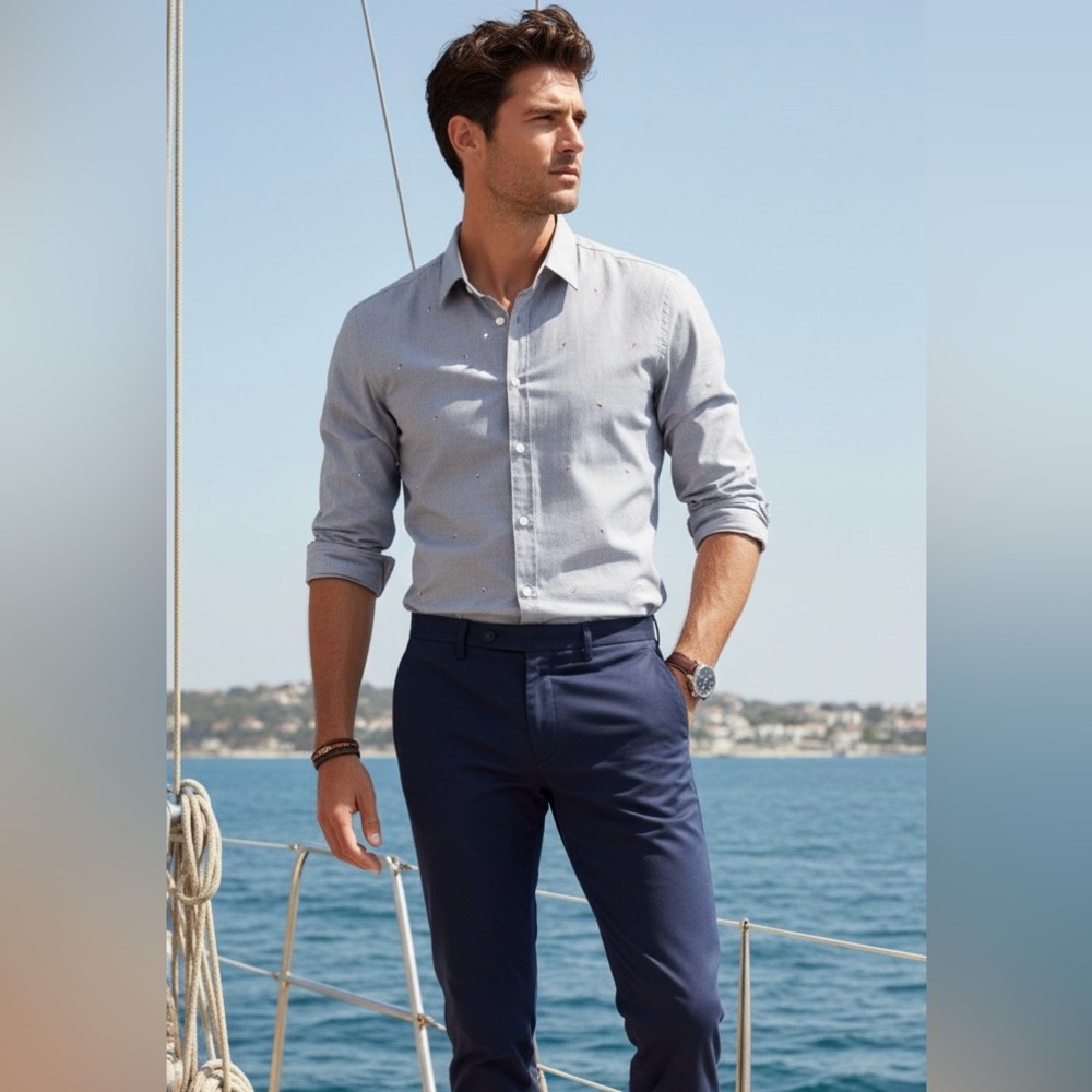 Hugo Boss Men’s Slim Fit Button Down Shirt | Nautical Embroidered XL